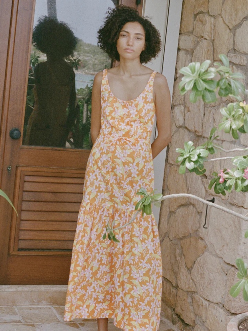 Double Drawstring Dress in Orange Frangipani